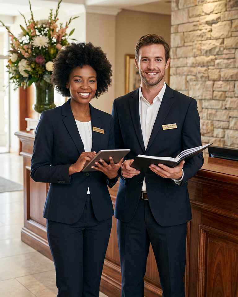 Precision logo embroidery for hotels provided by Hospitality Uniform Manufacturers Dubai.