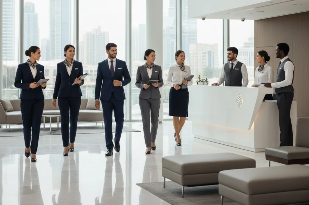 Tailored business suits and blazers produced by expert Corporate Uniform Manufacturers Dubai.