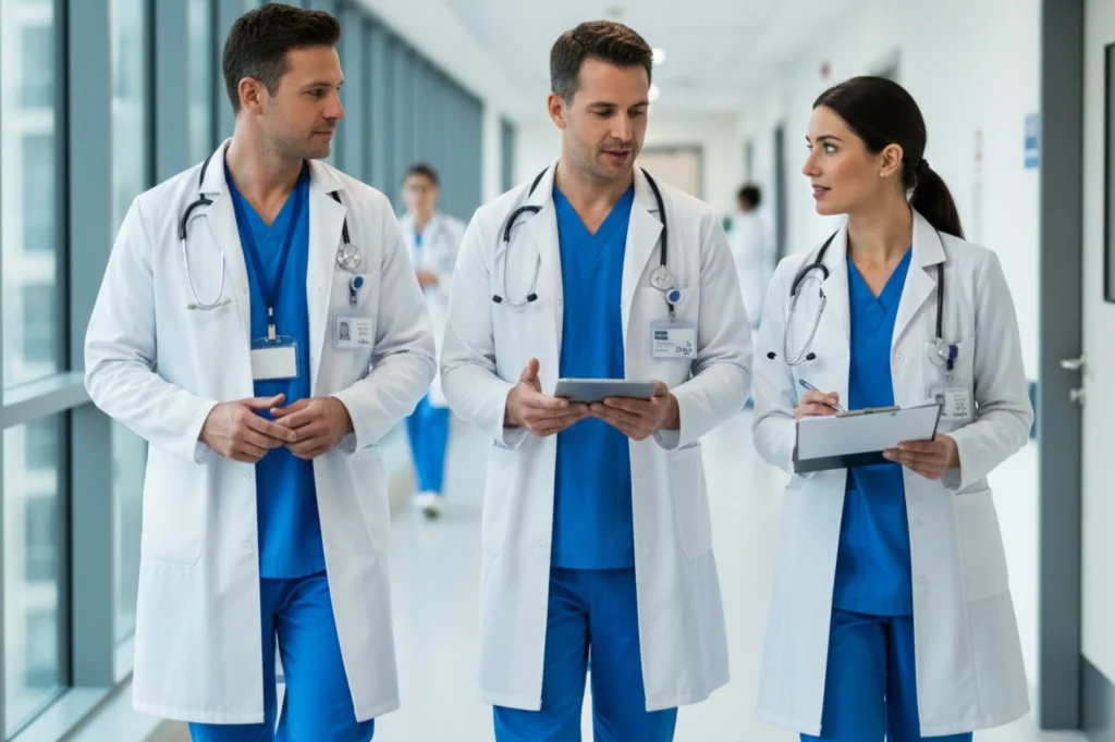 Professional white lab coats tailored for physicians by specialists in Medical Uniforms Dubai.