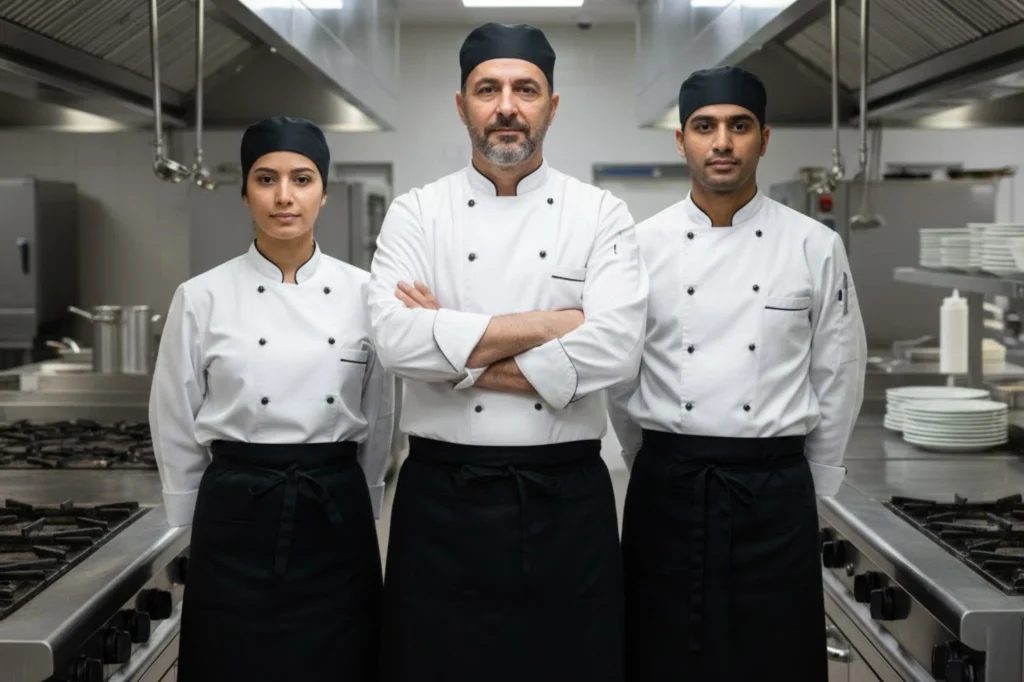 Breathable and comfortable kitchen trousers designed by Chef Uniform Manufacturers Dubai.