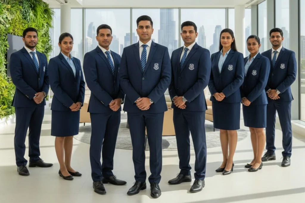 A variety of shirts, skirts, and trousers designed by School Uniform Manufacturers Dubai.