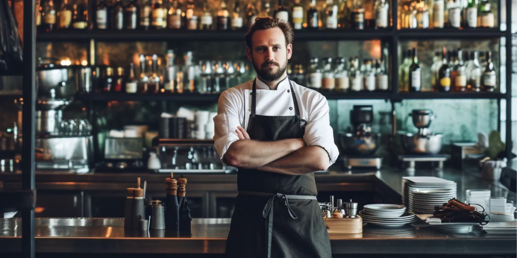 Bartender pouring ice behind the bar wearing breathable linen bartender shirts with a leather apron in a premium lounge setting