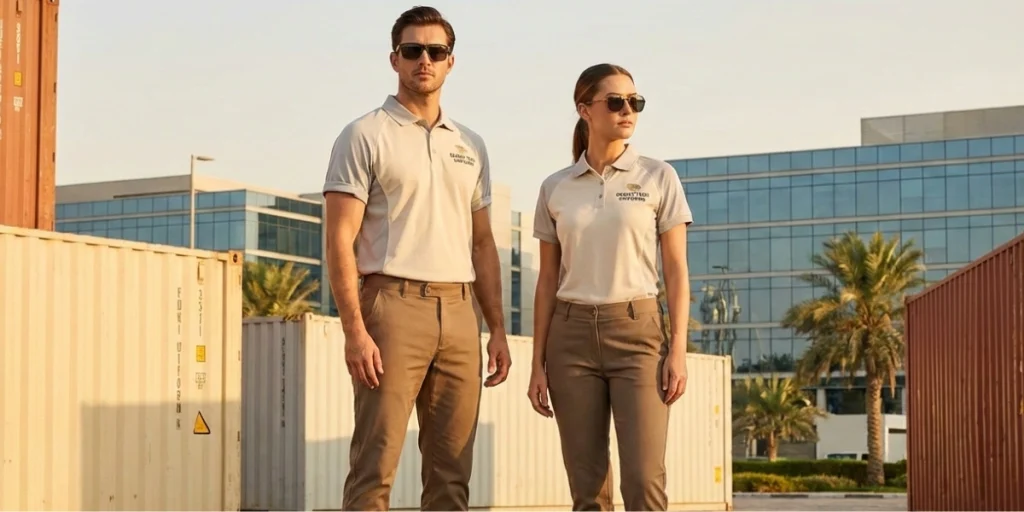 Cooling Uniforms UAE worn by male and female staff in beige work polos, designed for comfort and heat resistance in outdoor environments.