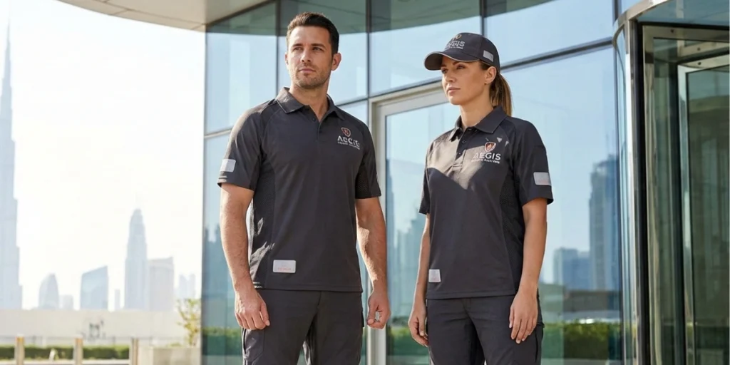 Cooling Uniforms UAE featuring dark performance polos for professional staff, ideal for hot climates and modern corporate settings.