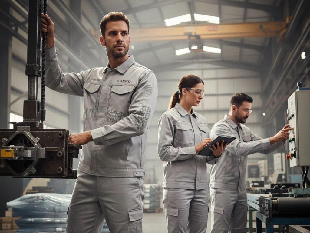 Cooling Uniforms UAE showcased in an industrial facility, breathable workwear designed for safety, durability, and heat control.
