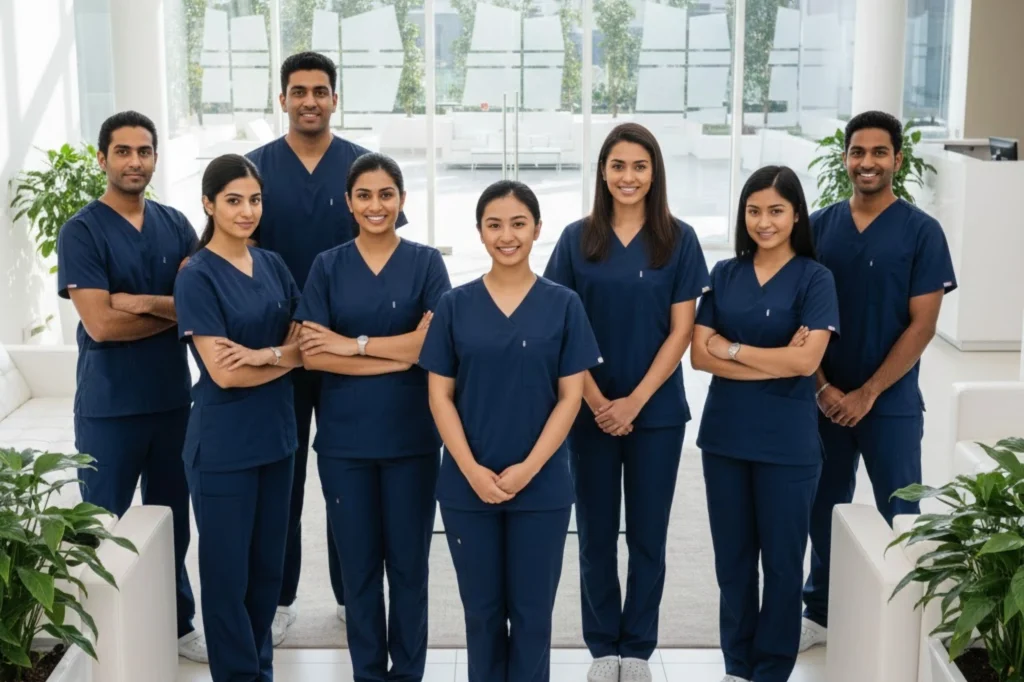 Comfortable, antimicrobial scrub sets available in various colors from Medical Uniforms Dubai.