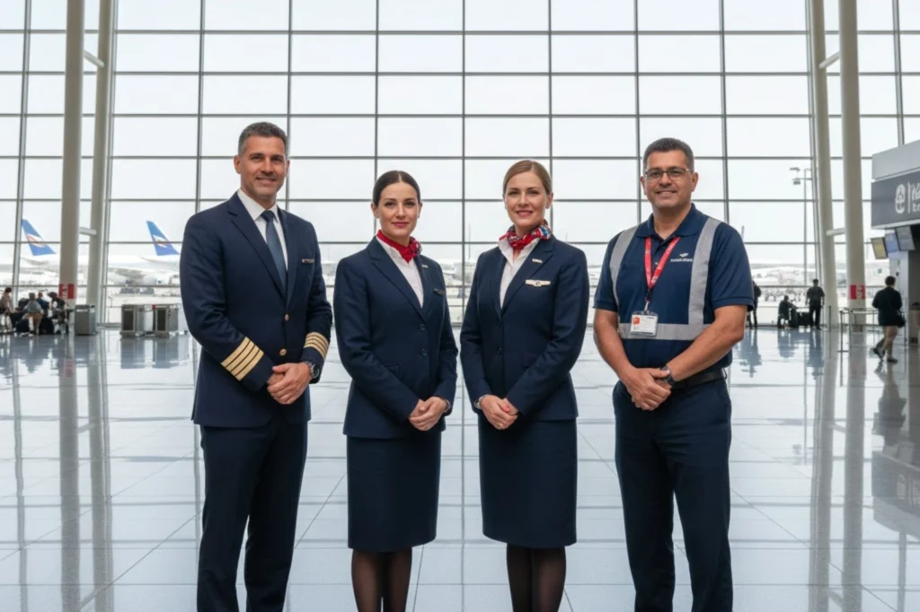 Sophisticated female flight attendant uniforms by specialized Aviation Uniform Manufacturers Dubai.