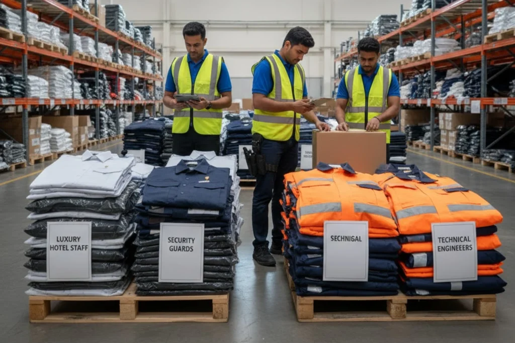 High-visibility vests and heavy-duty workwear from a specialized Uniform Supplier in Dubai.