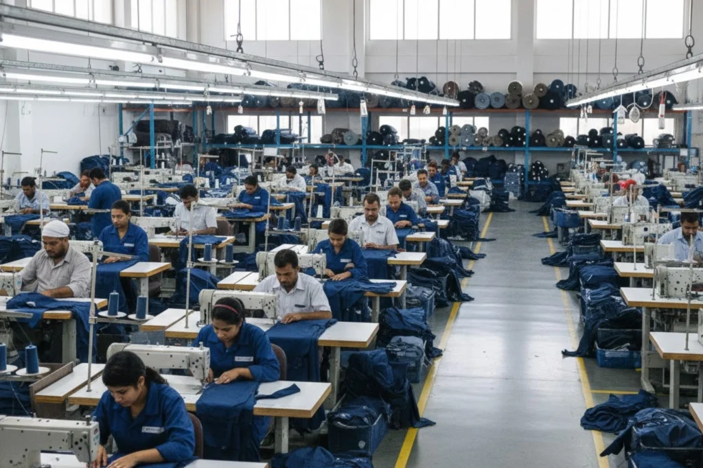 Industrial sewing machines in action at a high-capacity Uniform Manufacturer in UAE workshop.
