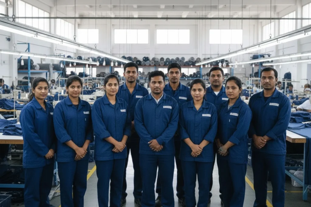 Skilled designers creating bespoke clothing patterns at our Uniform Manufacturer in UAE facility.