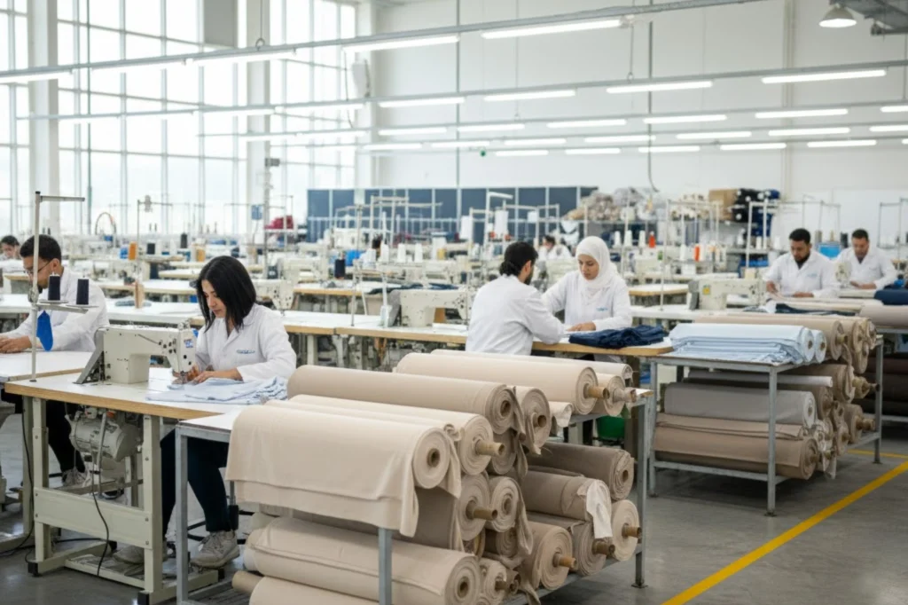High-precision tailoring and garment construction at the facility of a Uniform Manufacturer in Dubai.