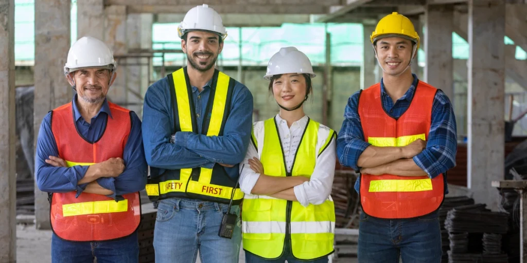 Construction team standing together in Climate-adaptive workwear UAE with safety gear