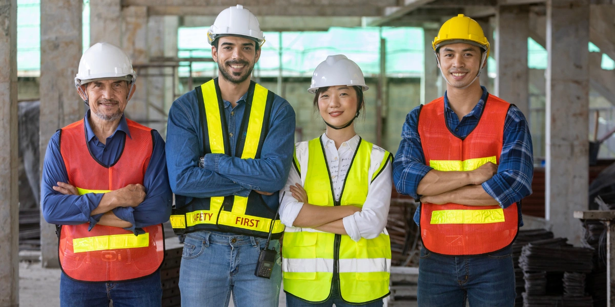 Construction team standing together in Climate-adaptive workwear UAE with safety gear