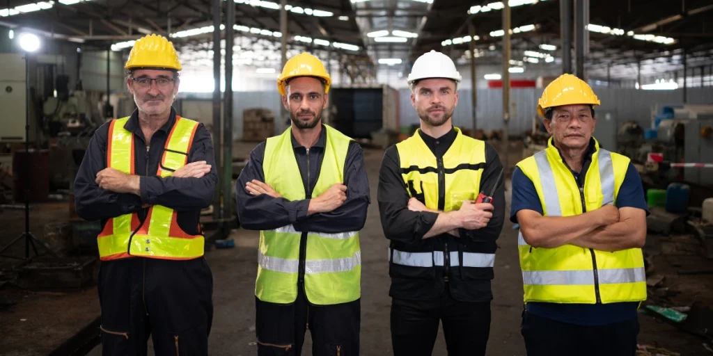 Confident industrial team wearing Climate-adaptive workwear UAE inside a large warehouse facility