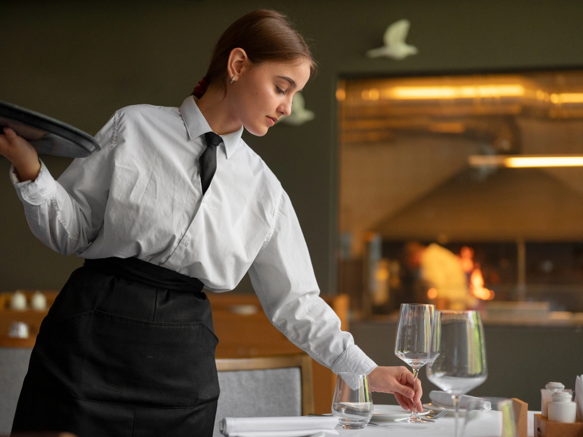 Professional waitress setting table in restaurant wearing Sustainable uniforms UAE