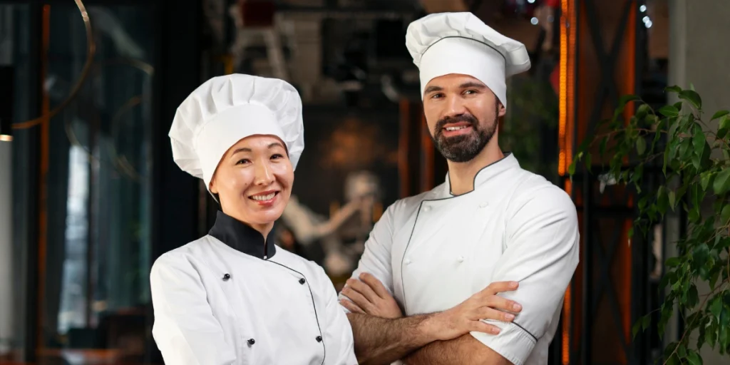 Professional chefs wearing clean white Hospitality uniforms for UAE in a modern restaurant kitchen setting